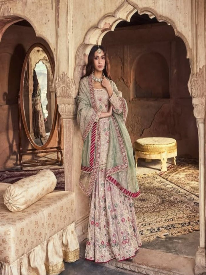 Neerus Onion Color Embroidery Bead and Stones Georgette Fabric Kurti and Gharara with Dupatta