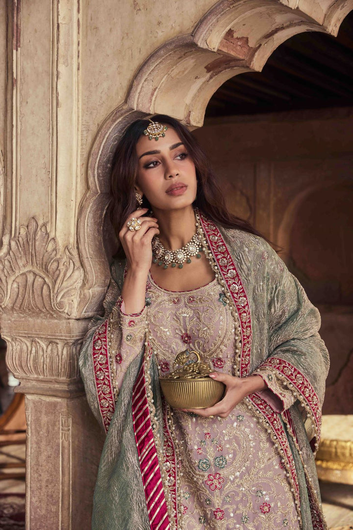 Neerus Onion Color Embroidery Bead and Stones Georgette Fabric Kurti and Gharara with Dupatta