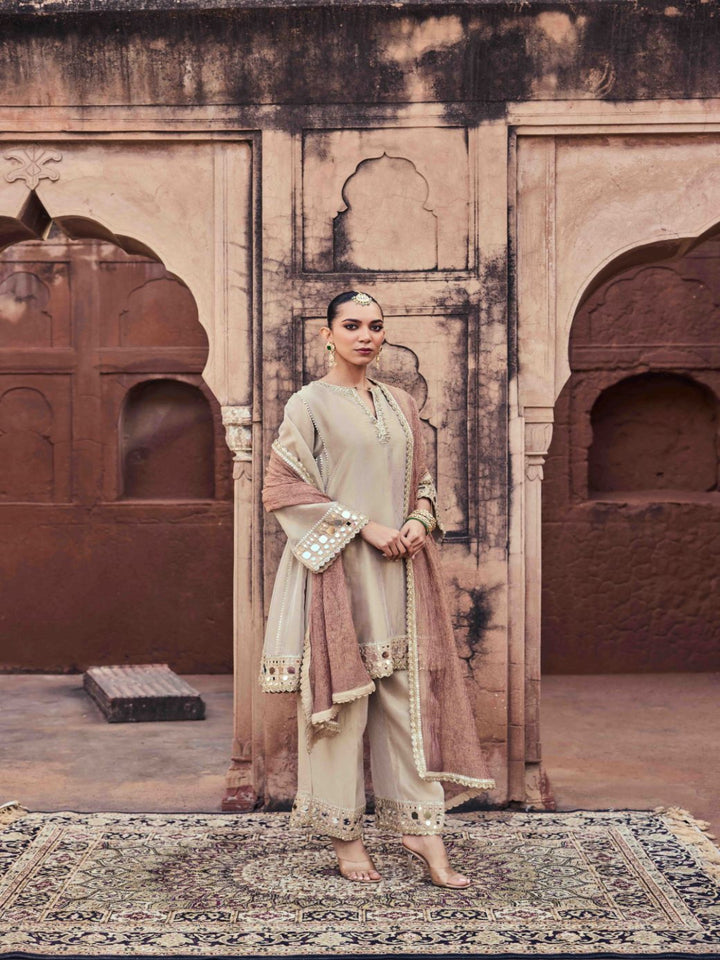 Neerus Gold Mirror Work Organza Fabric Kurta and Trouser with Dupatta