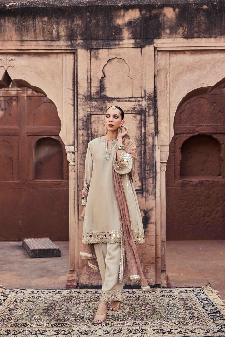 Neerus Gold Mirror Work Organza Fabric Kurta and Trouser with Dupatta