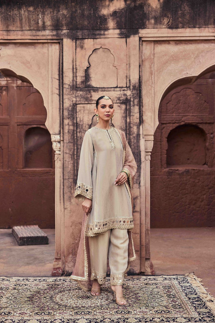 Neerus Gold Mirror Work Organza Fabric Kurta and Trouser with Dupatta