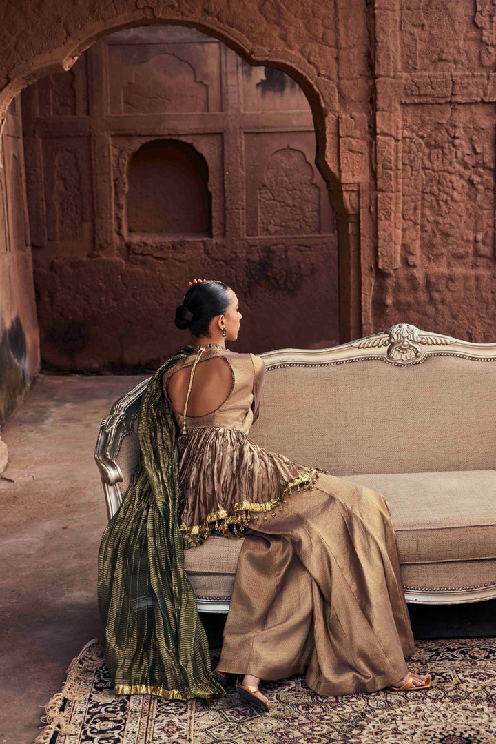 Neerus Brown Embroidery Organza Fabric Kurti and Plazzo with Dupatta