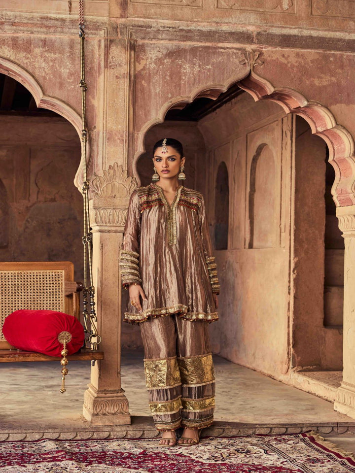 Neerus Brown Embroidery Tissue Fabric Kurti and Plazzo with Dupatta