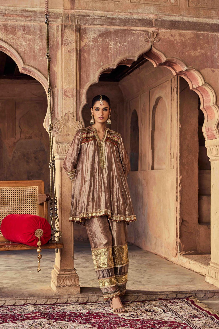 Neerus Brown Embroidery Tissue Fabric Kurti and Plazzo with Dupatta