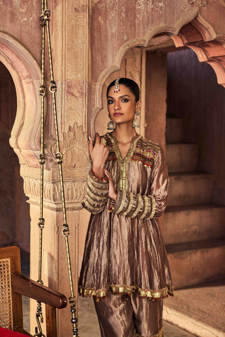 Neerus Brown Embroidery Tissue Fabric Kurti and Plazzo with Dupatta