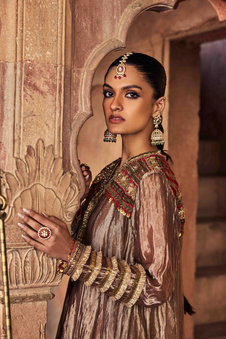 Neerus Brown Embroidery Tissue Fabric Kurti and Plazzo with Dupatta