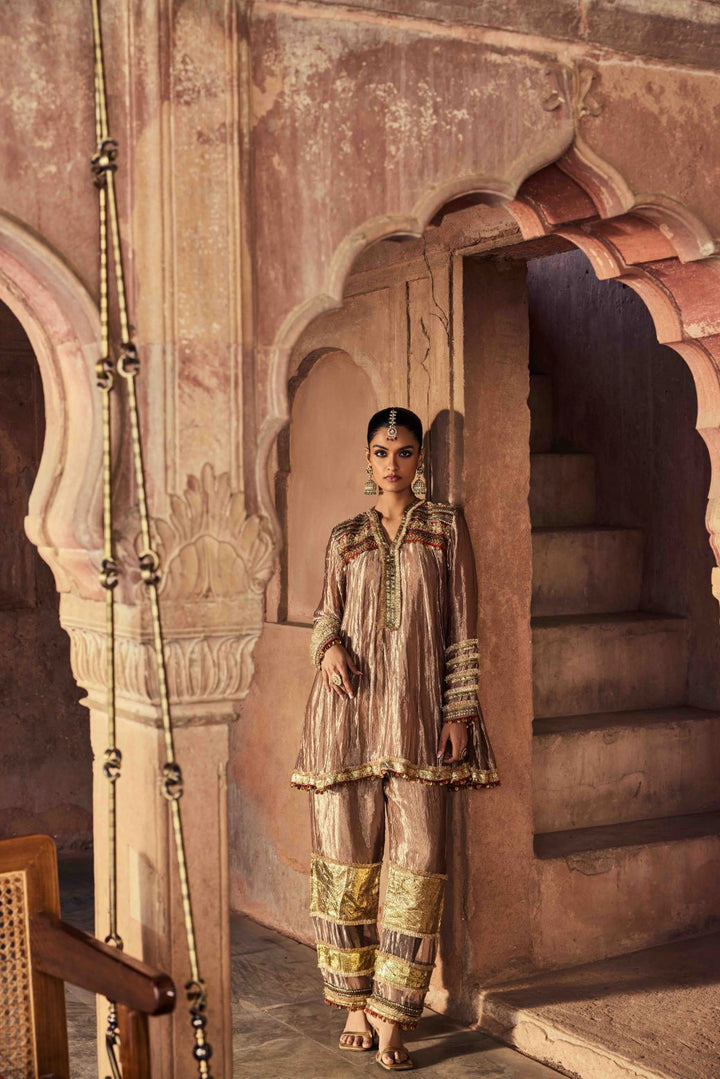 Neerus Brown Embroidery Tissue Fabric Kurti and Plazzo with Dupatta