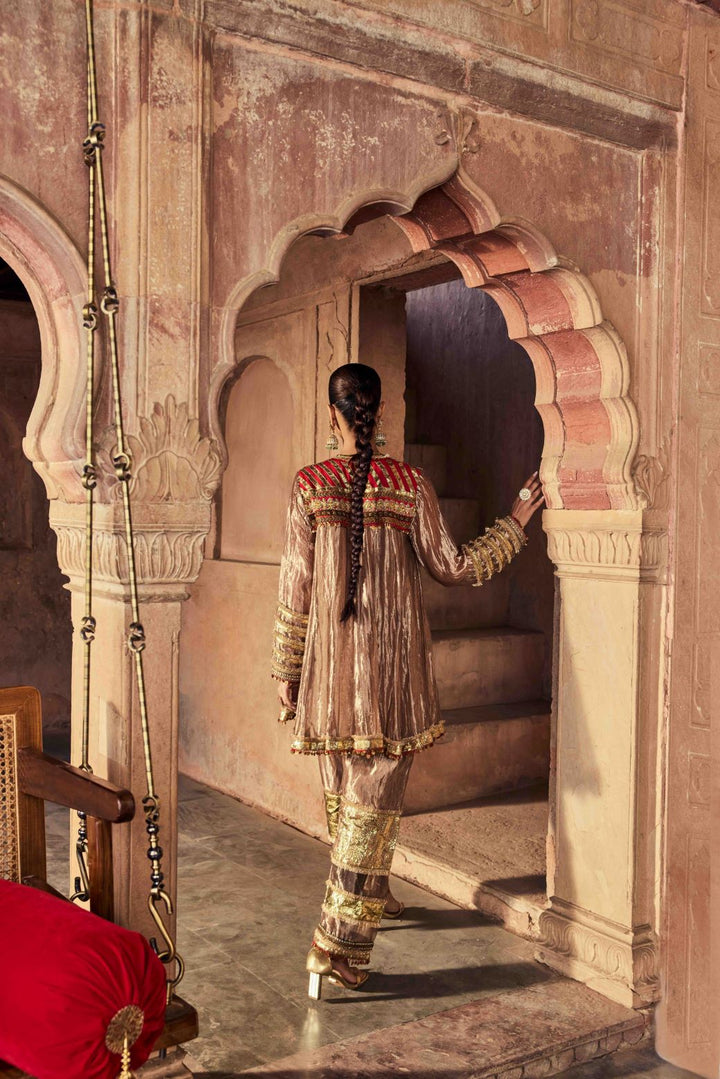 Neerus Brown Embroidery Tissue Fabric Kurti and Plazzo with Dupatta