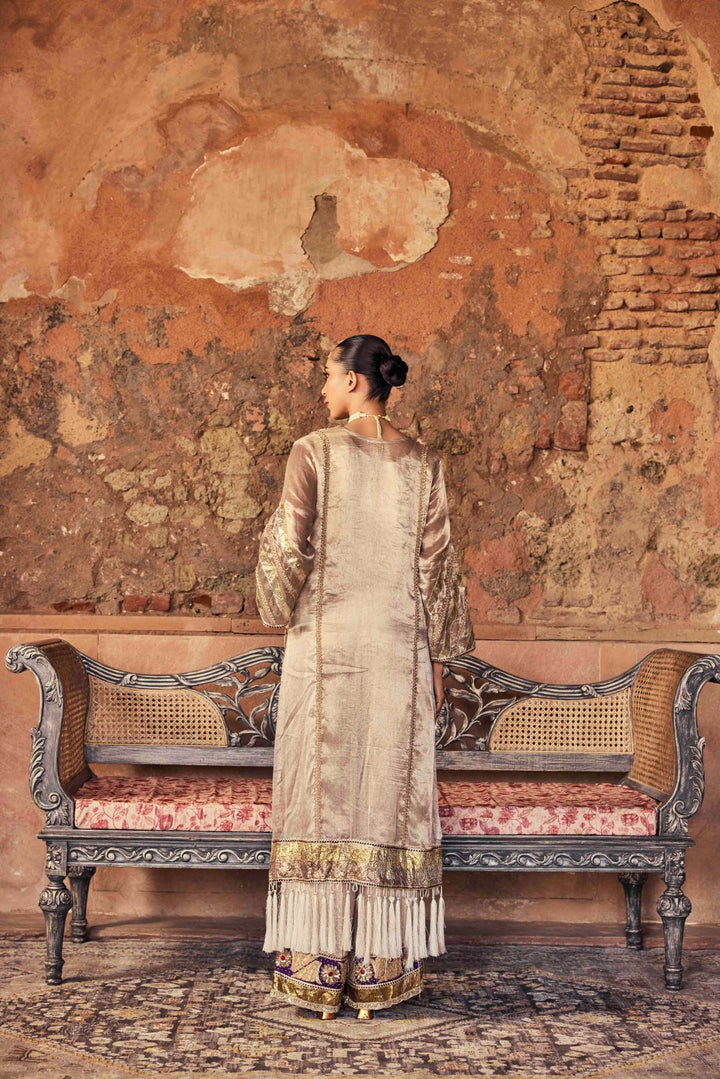 Neerus Grey Zari Work Organza Fabric Kurta and Trouser.