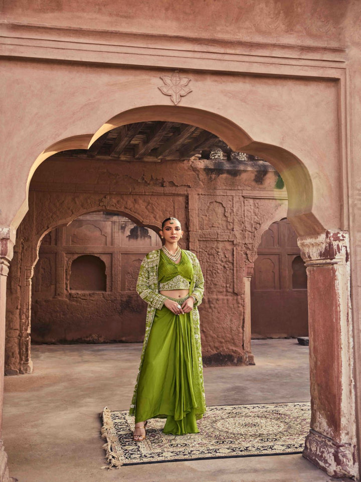 Neerus Mehadi Green Beads and Stones Chinon Fabric Ghagra Set