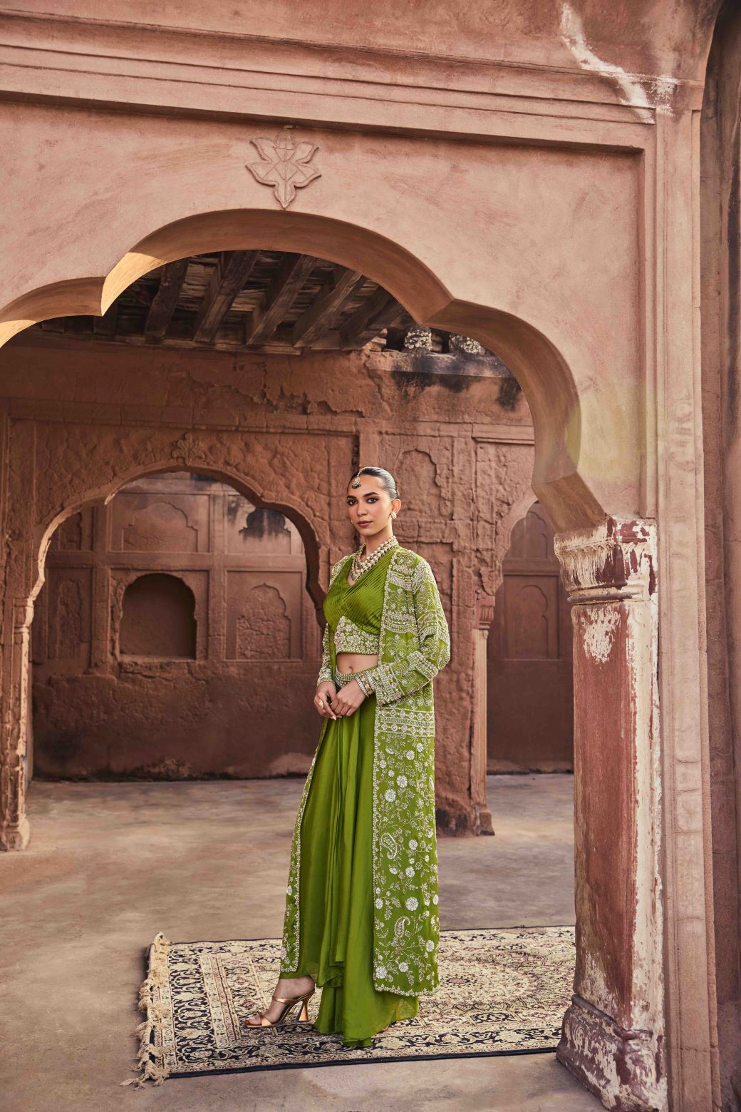 Neerus Mehadi Green Beads and Stones Chinon Fabric Ghagra Set