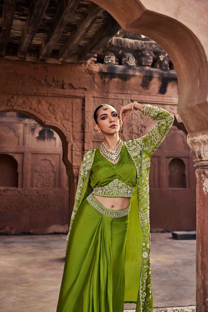 Neerus Mehadi Green Beads and Stones Chinon Fabric Ghagra Set