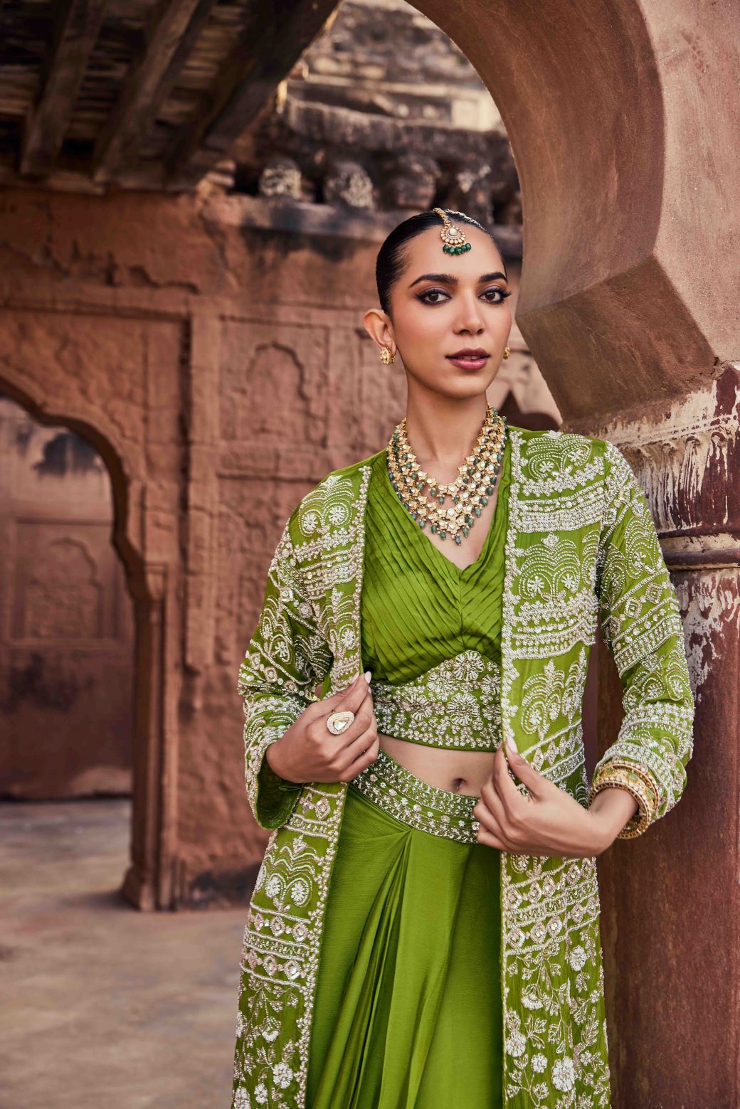 Neerus Mehadi Green Beads and Stones Chinon Fabric Ghagra Set