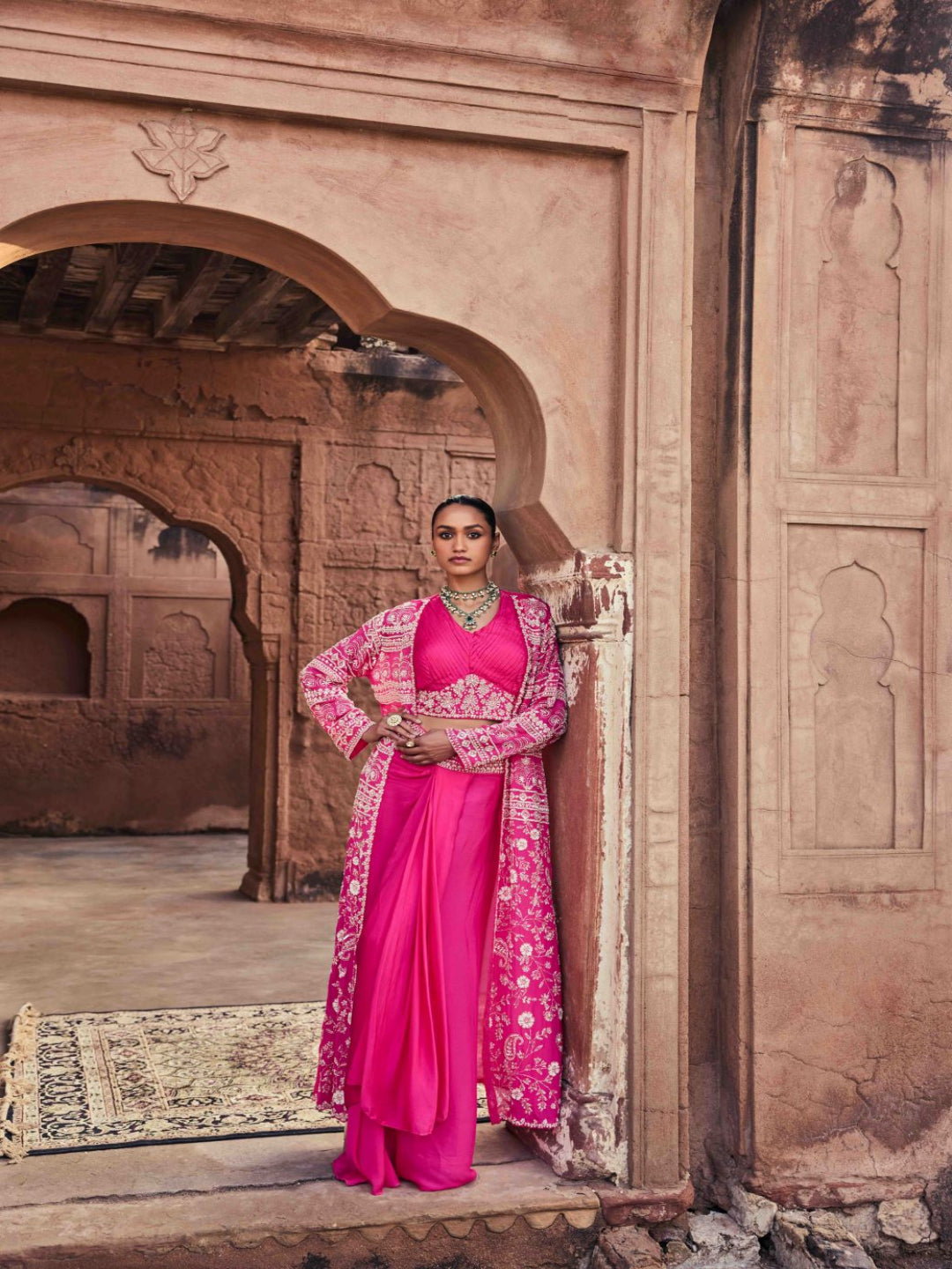 Neerus Rani Pink Beads and Stones Chinon Fabric Ghagra Set