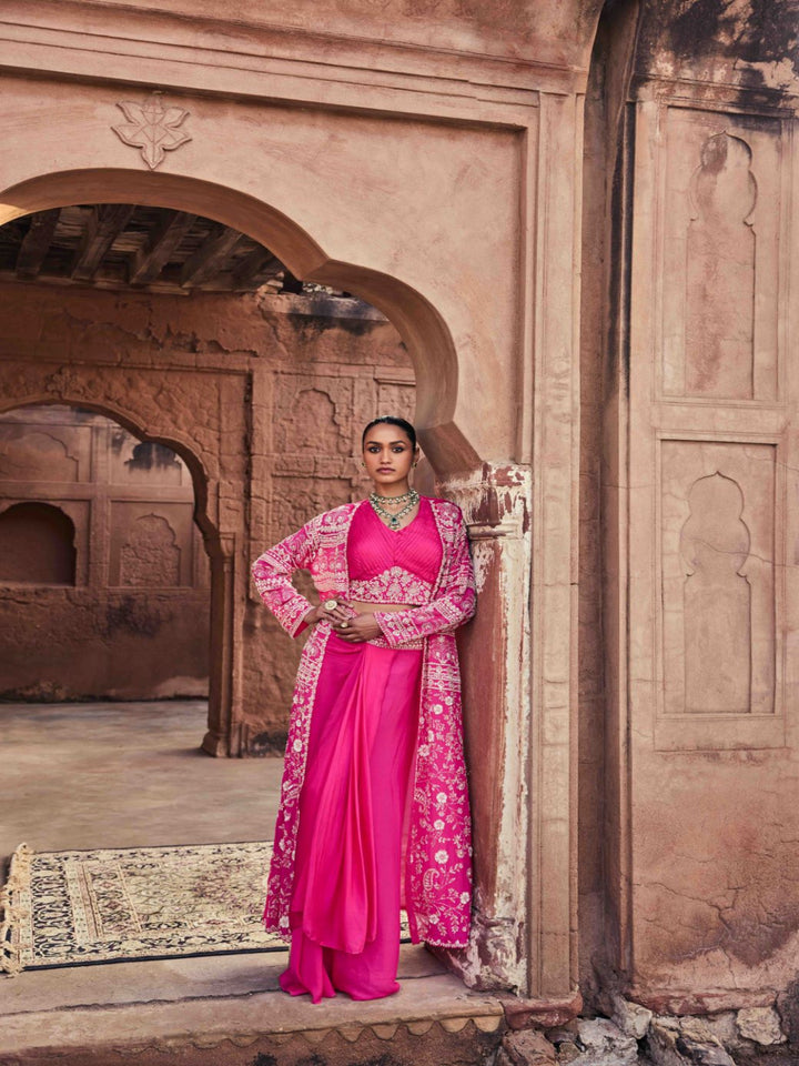 Neerus Rani Pink Beads and Stones Chinon Fabric Ghagra Set