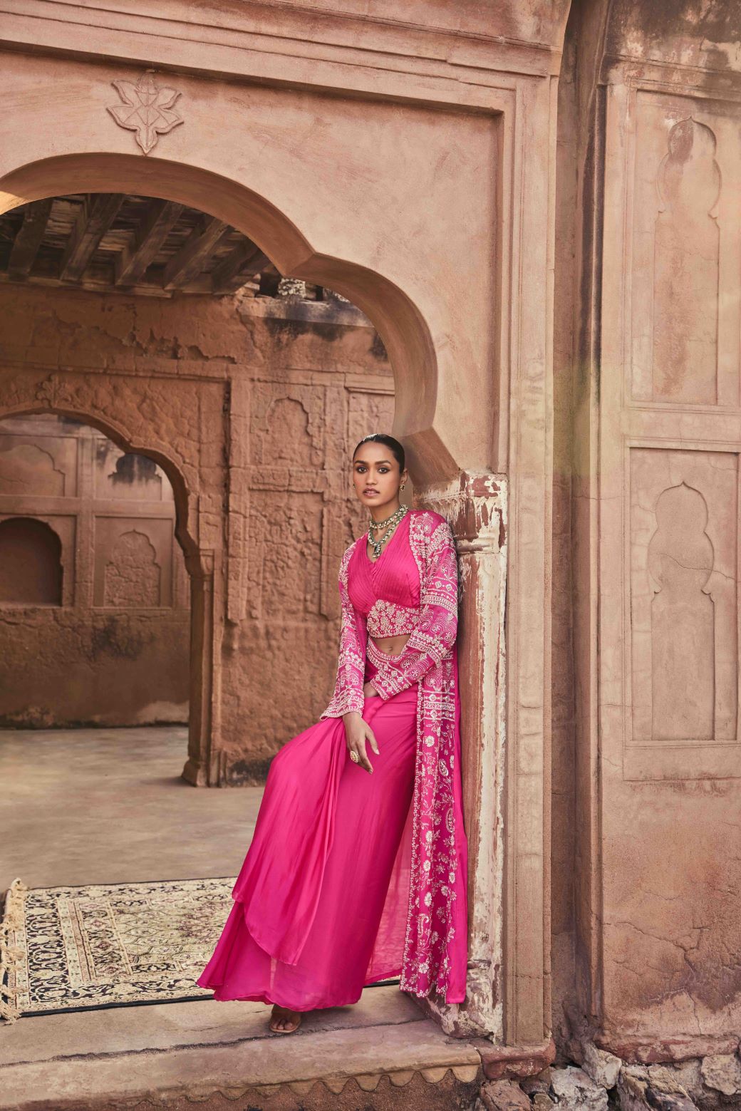 Neerus Rani Pink Beads and Stones Chinon Fabric Ghagra Set