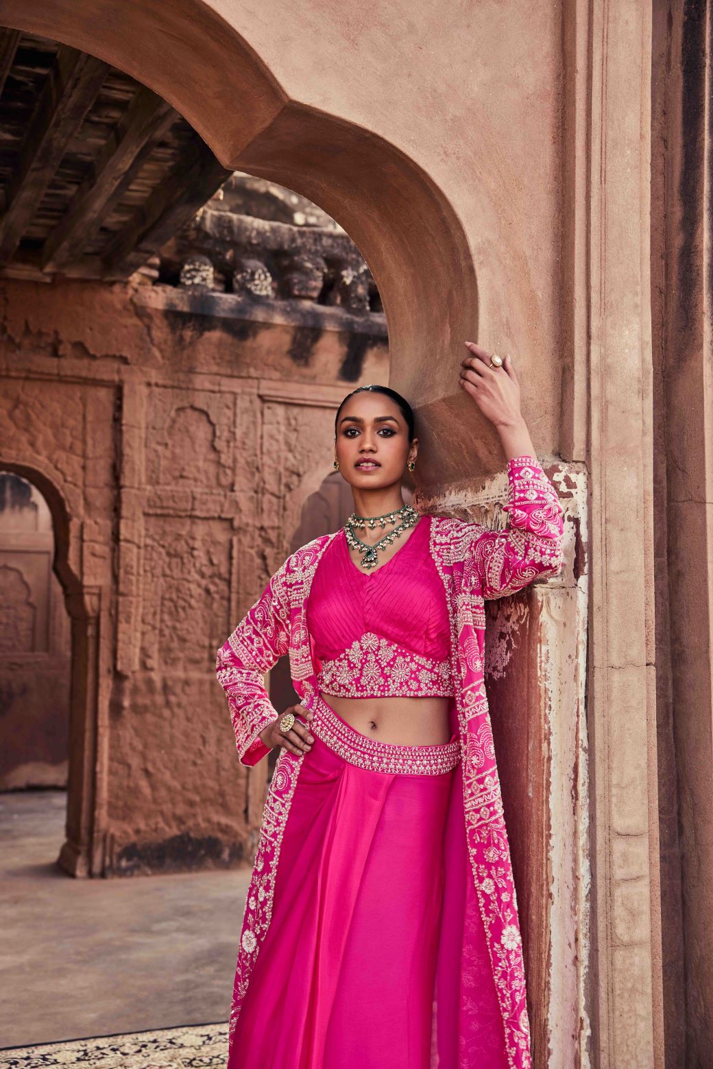 Neerus Rani Pink Beads and Stones Chinon Fabric Ghagra Set