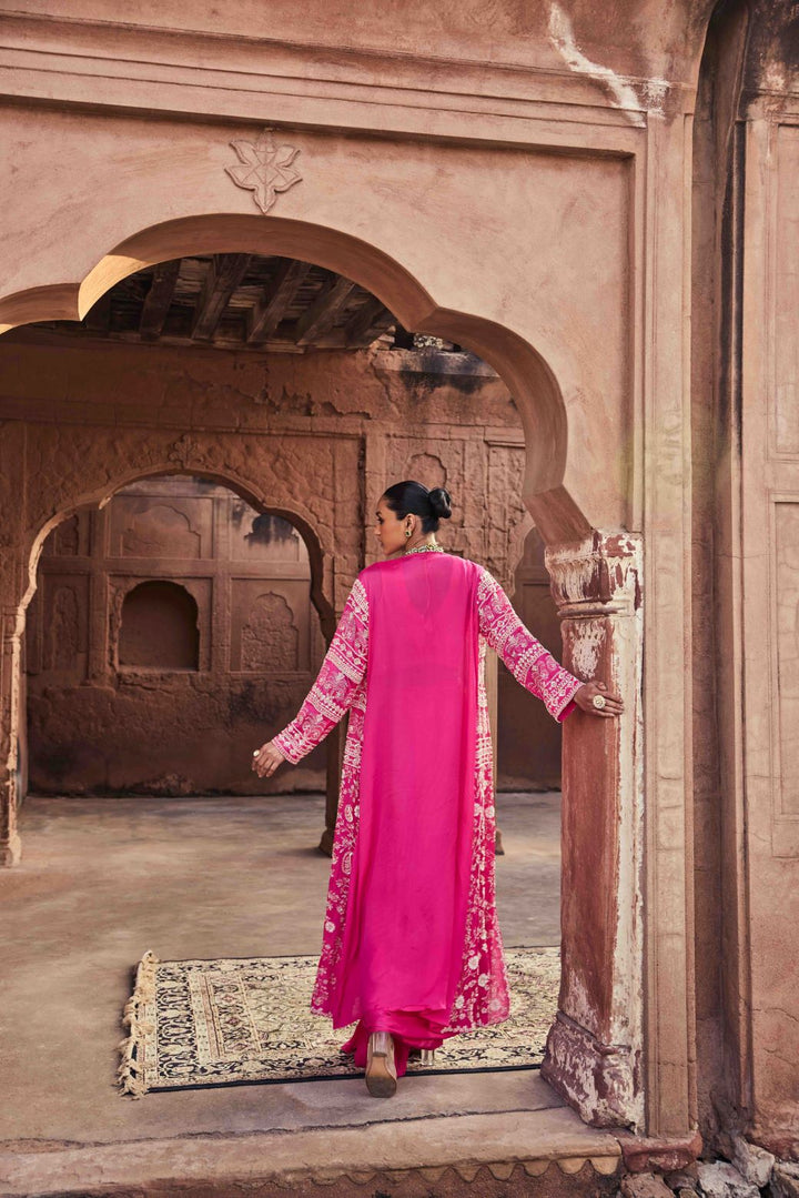 Neerus Rani Pink Beads and Stones Chinon Fabric Ghagra Set