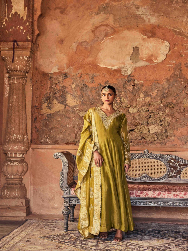 Neerus Mehadi Green Embroidery Tissue Fabric Anarkali and Dupatta
