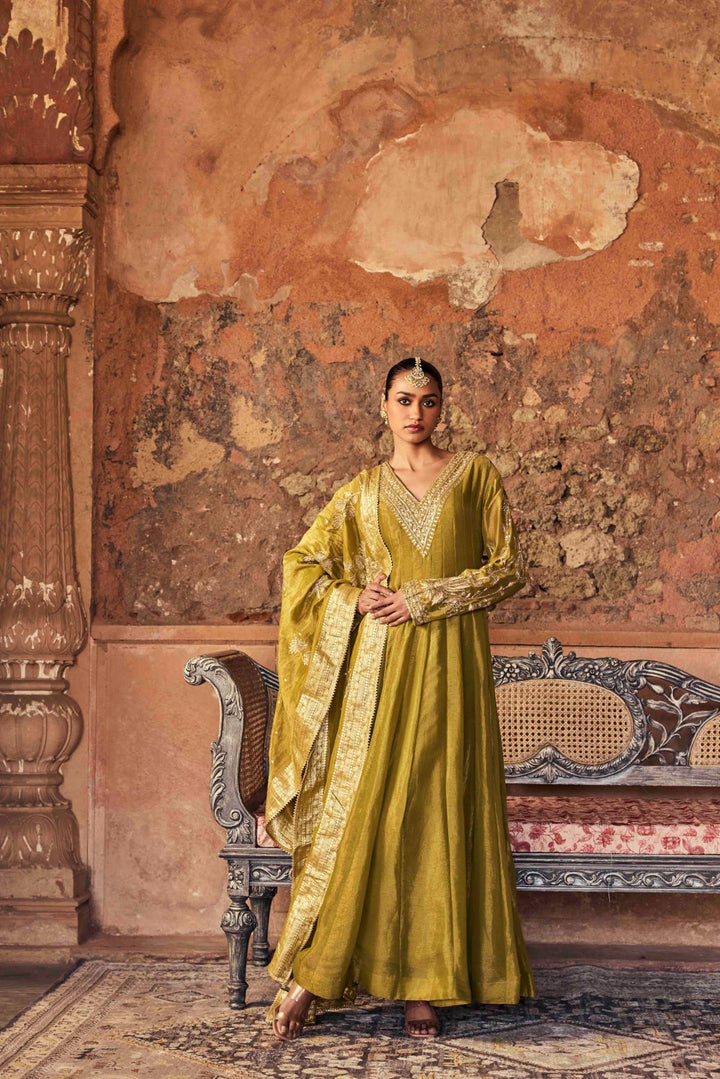 Neerus Mehadi Green Embroidery Tissue Fabric Anarkali and Dupatta