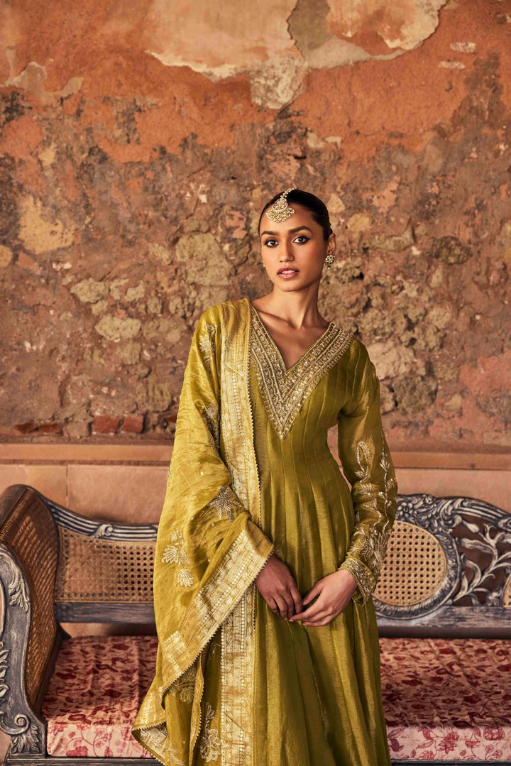 Neerus Mehadi Green Embroidery Tissue Fabric Anarkali and Dupatta