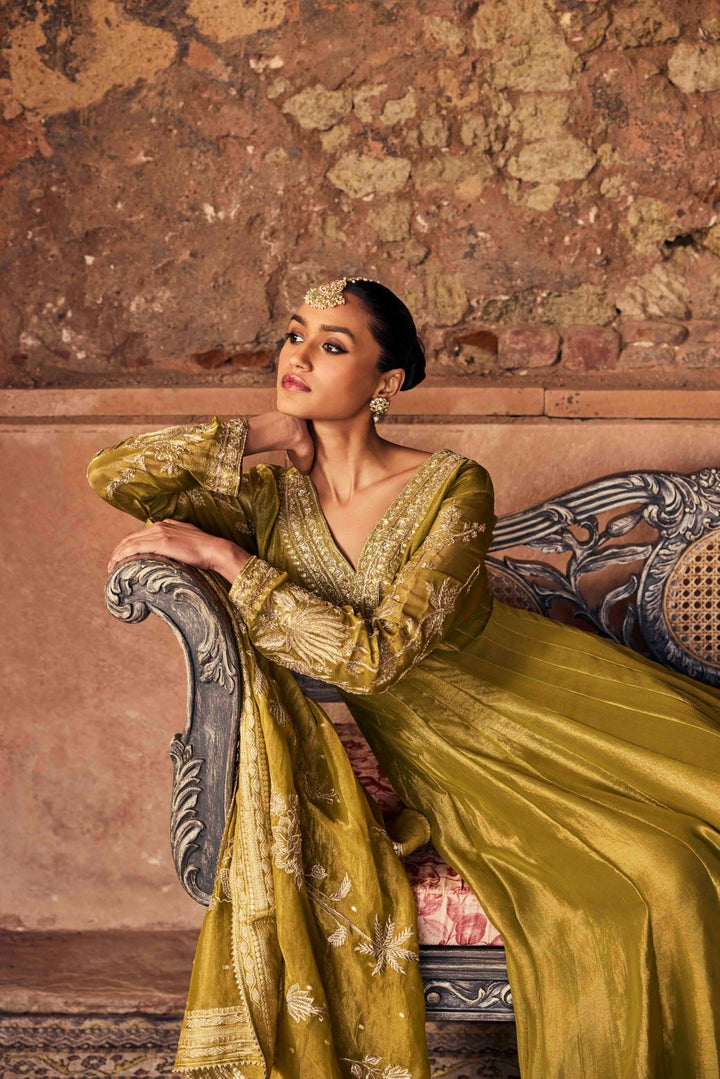 Neerus Mehadi Green Embroidery Tissue Fabric Anarkali and Dupatta