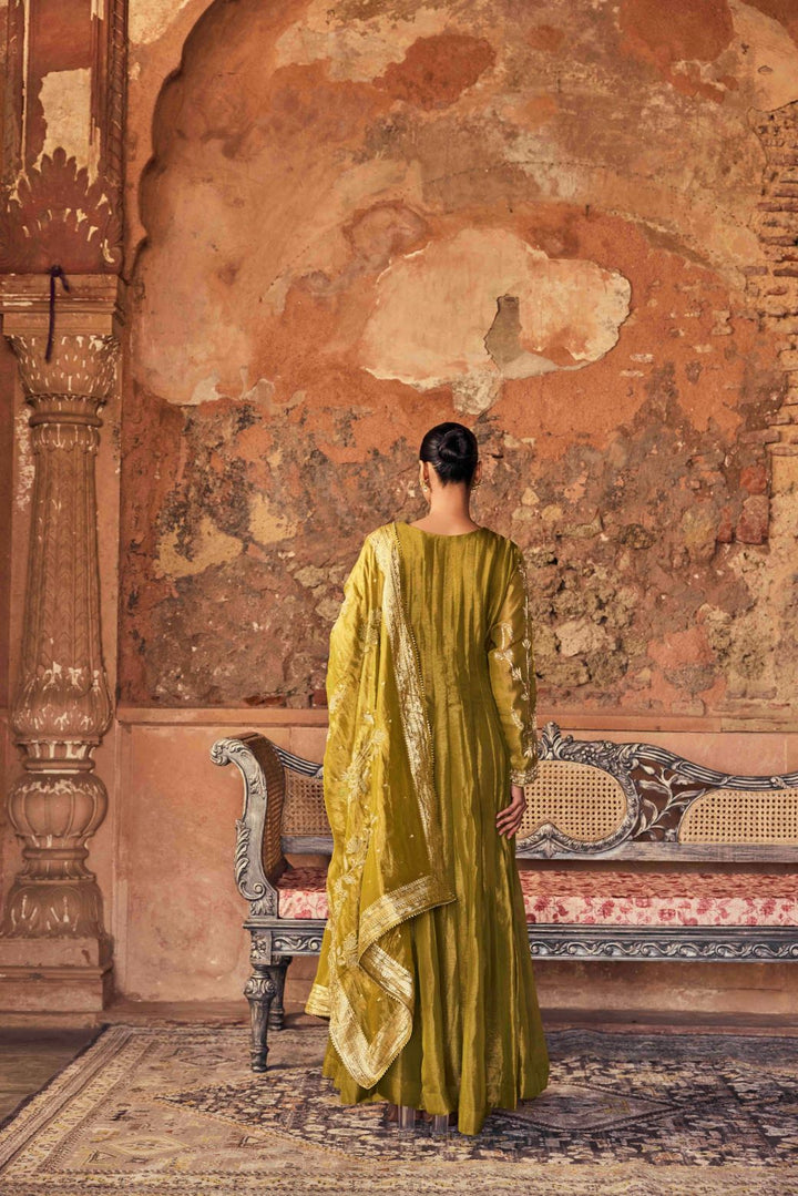 Neerus Mehadi Green Embroidery Tissue Fabric Anarkali and Dupatta