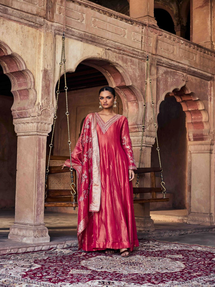 Neerus Red Embroidery Tissue Fabric Anarkali and Dupatta