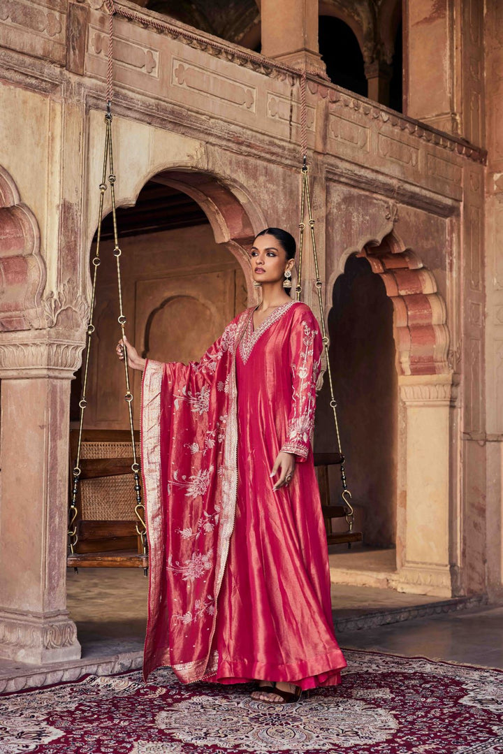 Neerus Red Embroidery Tissue Fabric Anarkali and Dupatta