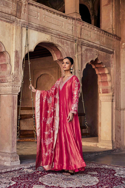Neerus Red Embroidery Tissue Fabric Anarkali and Dupatta