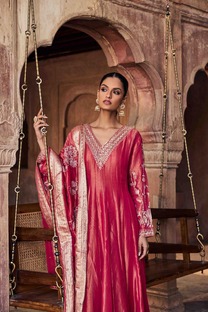 Neerus Red Embroidery Tissue Fabric Anarkali and Dupatta