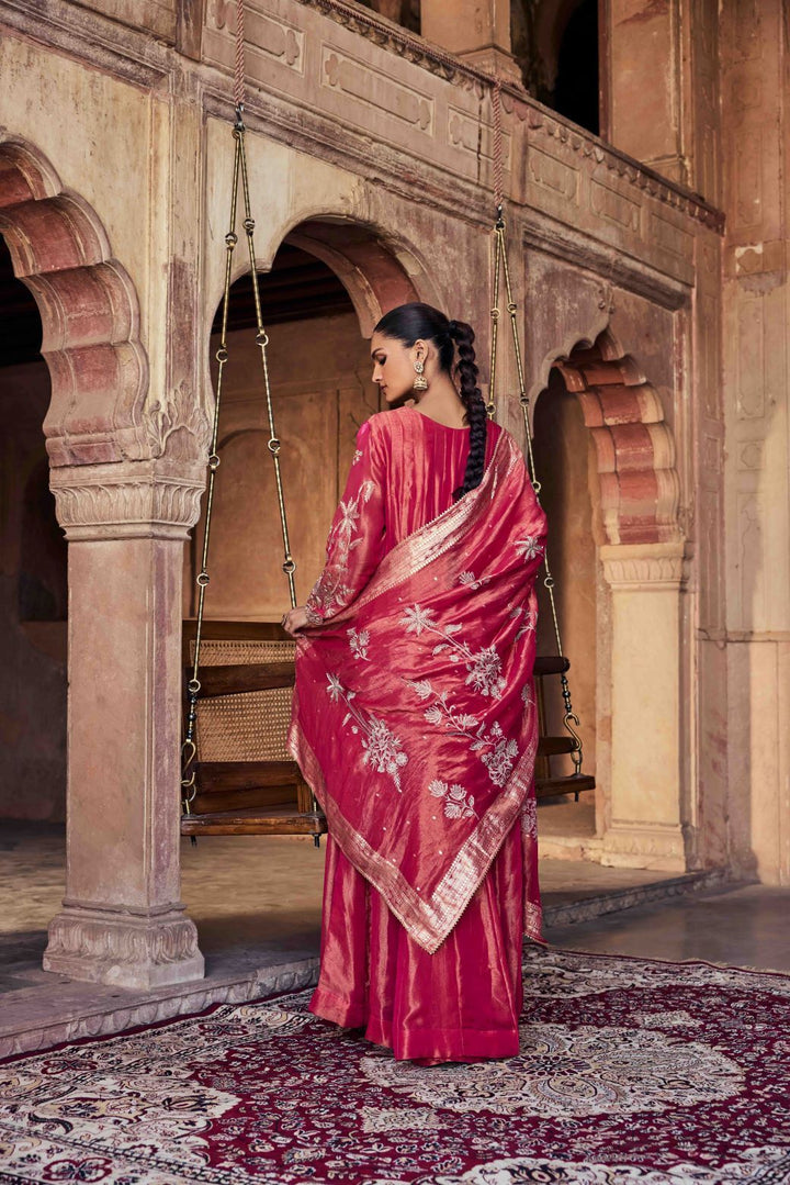 Neerus Red Embroidery Tissue Fabric Anarkali and Dupatta