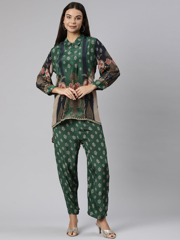 Neerus Green printed floral co-ord set straight kurta with trouser - front view