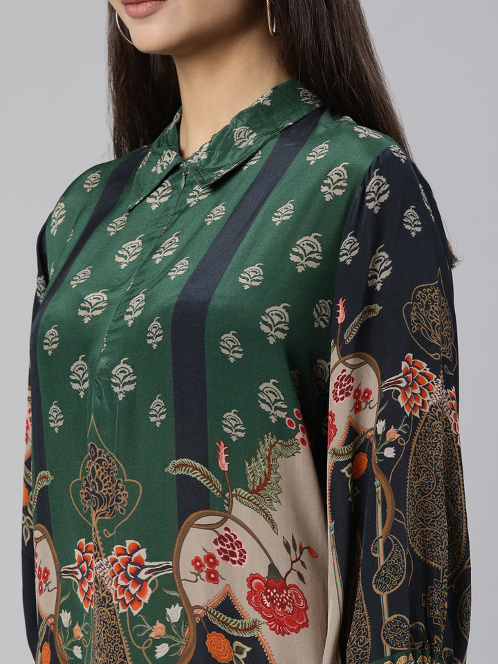 Neerus Green printed floral co-ord set straight kurta with trouser - detail view 1