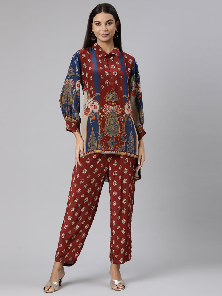 Neerus Maroon floral printed co-ord set kurta and trouser - front view
