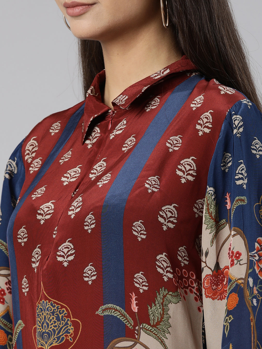 Neerus Maroon floral printed co-ord set kurta and trouser - detail view 1