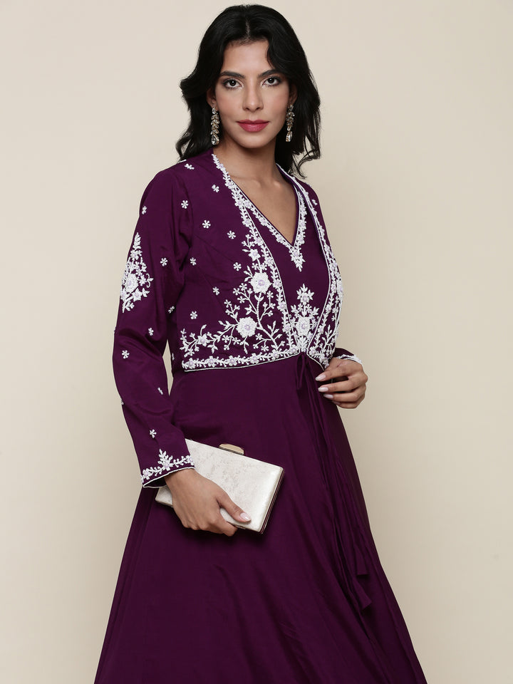 Purple georgette pearl embroidery jacket anarkali set
