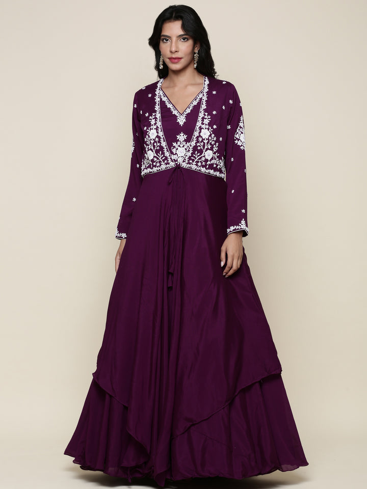 Purple georgette pearl embroidery jacket anarkali set