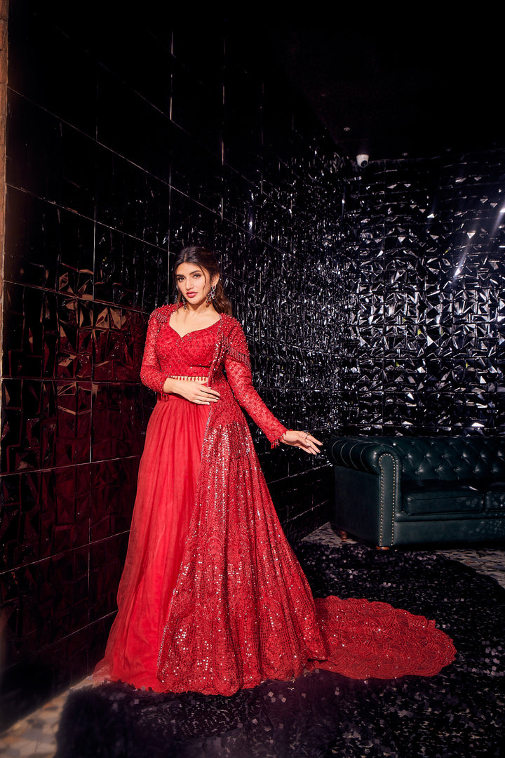 Neerus Red Color Sequence Embroidered Lehenga Set