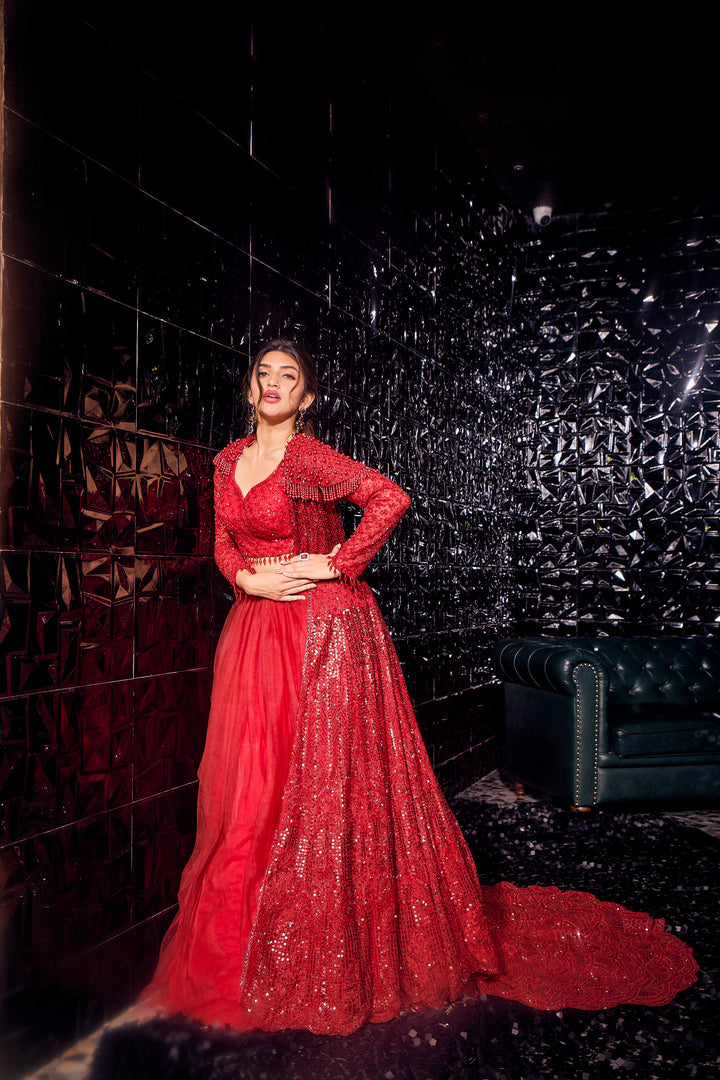 Neerus Red Color Sequence Embroidered Lehenga Set