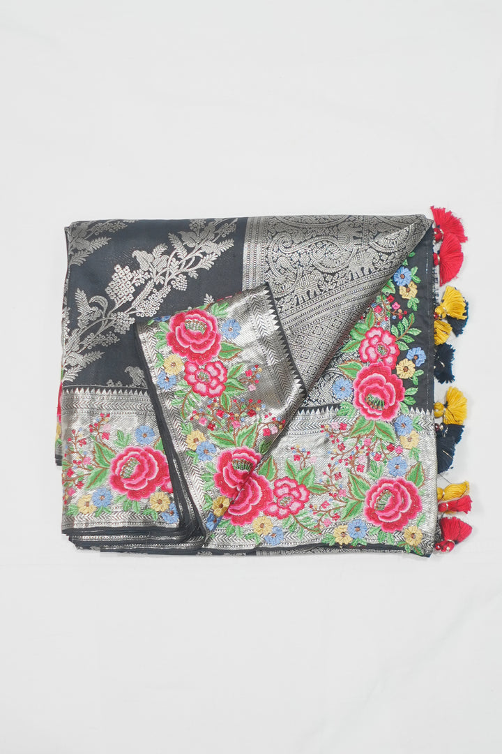 Black Banaras Silk Petite Point Embroidery Saree