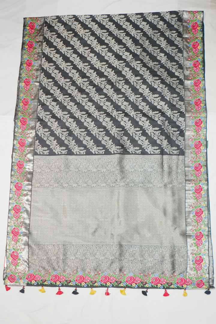 Black Banaras Silk Petite Point Embroidery Saree