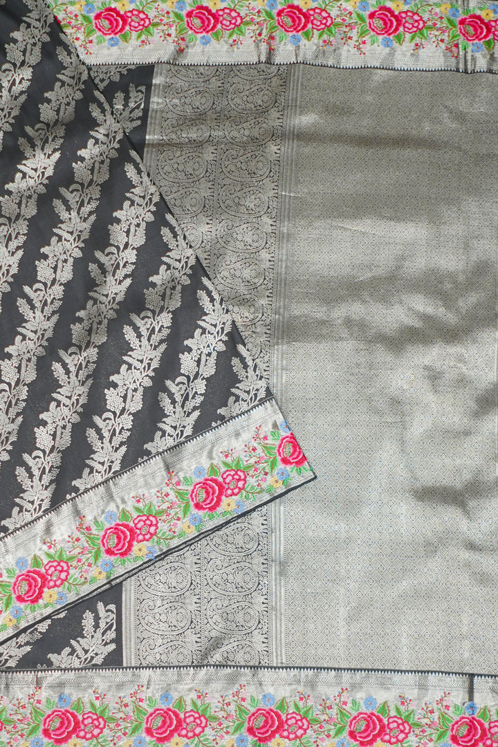 Black Banaras Silk Petite Point Embroidery Saree