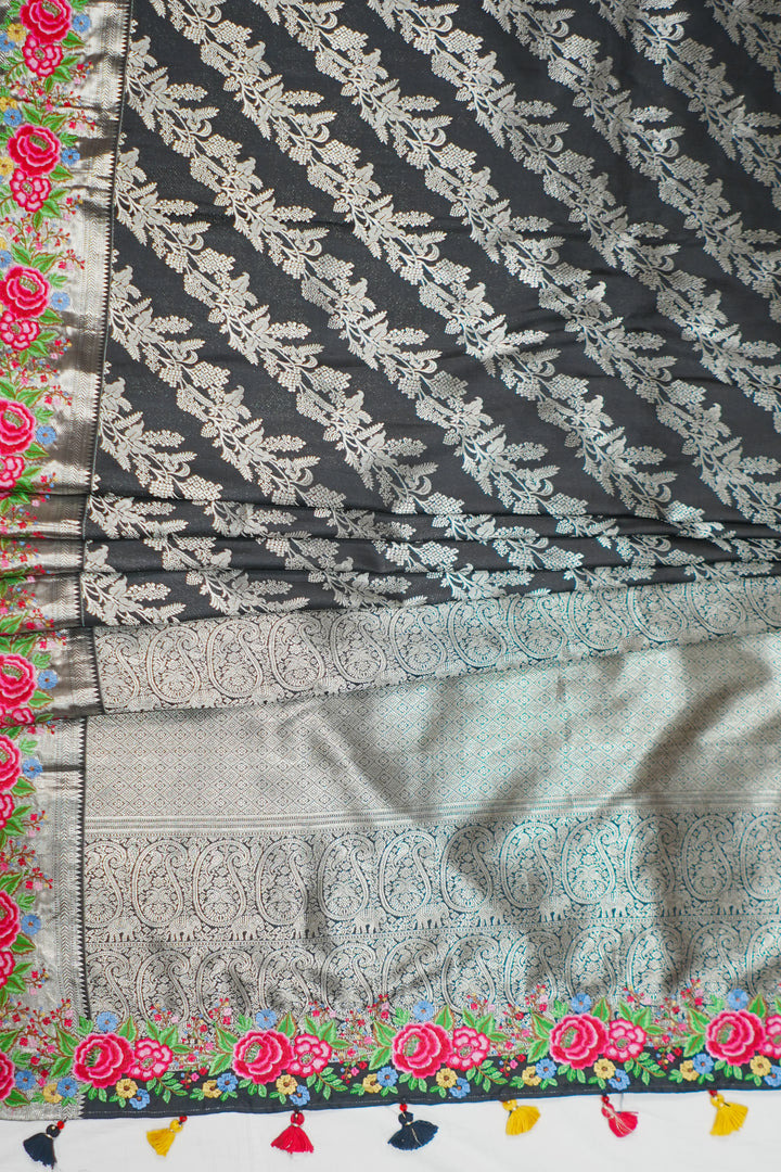 Black Banaras Silk Petite Point Embroidery Saree
