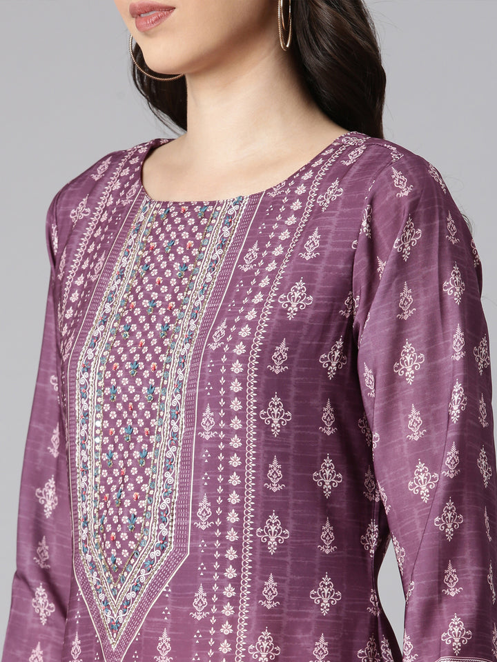 Neerus Purple Printed Kaftan Kurta and Trousers With Dupatta