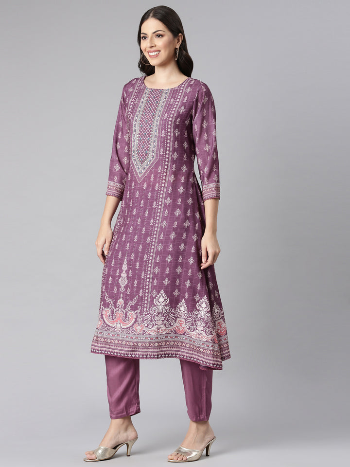 Neerus Purple Printed Kaftan Kurta and Trousers With Dupatta