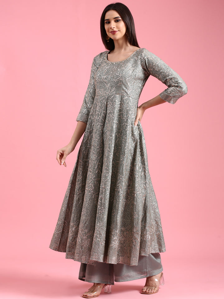 Green Chinon Heavy Embroidered Kali With Palazzo