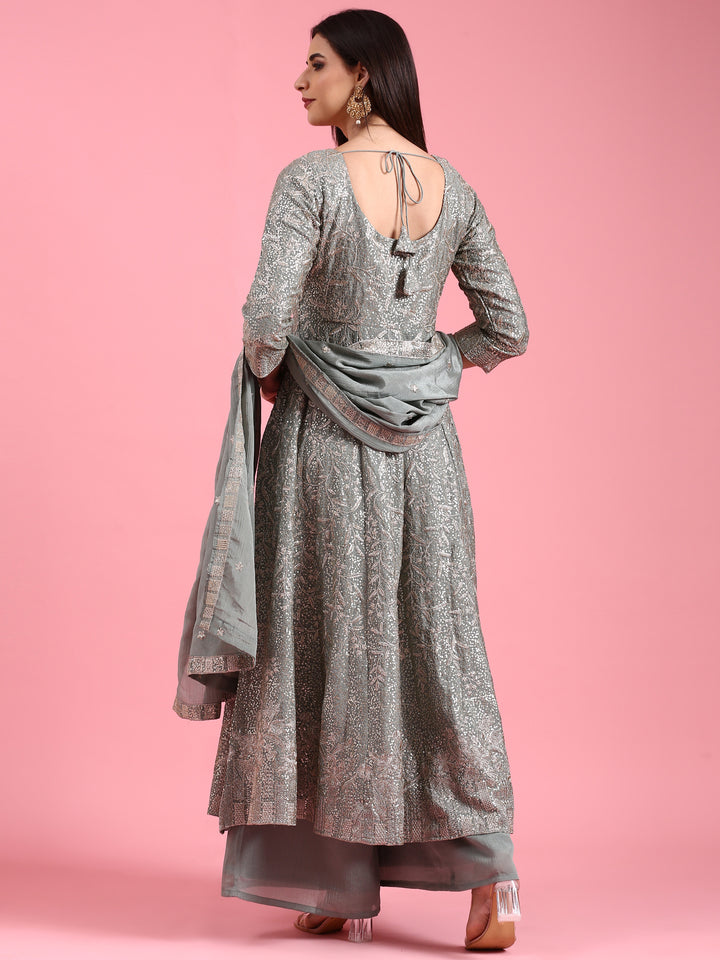 Green Chinon Heavy Embroidered Kali With Palazzo