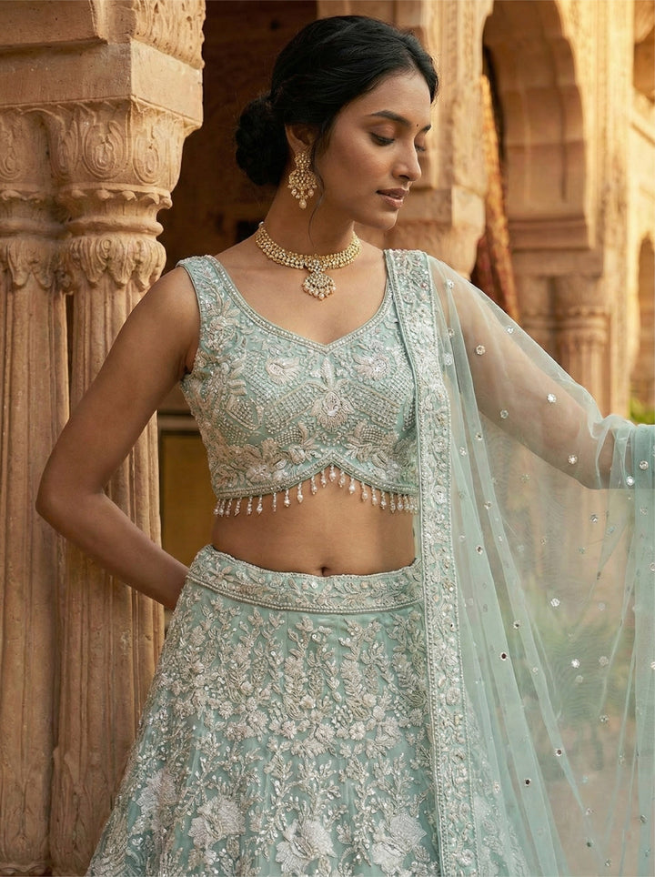 Pista Net Heavy Floral Embroidered Ghagra Set