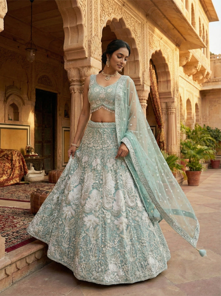 Pista Net Heavy Floral Embroidered Ghagra Set